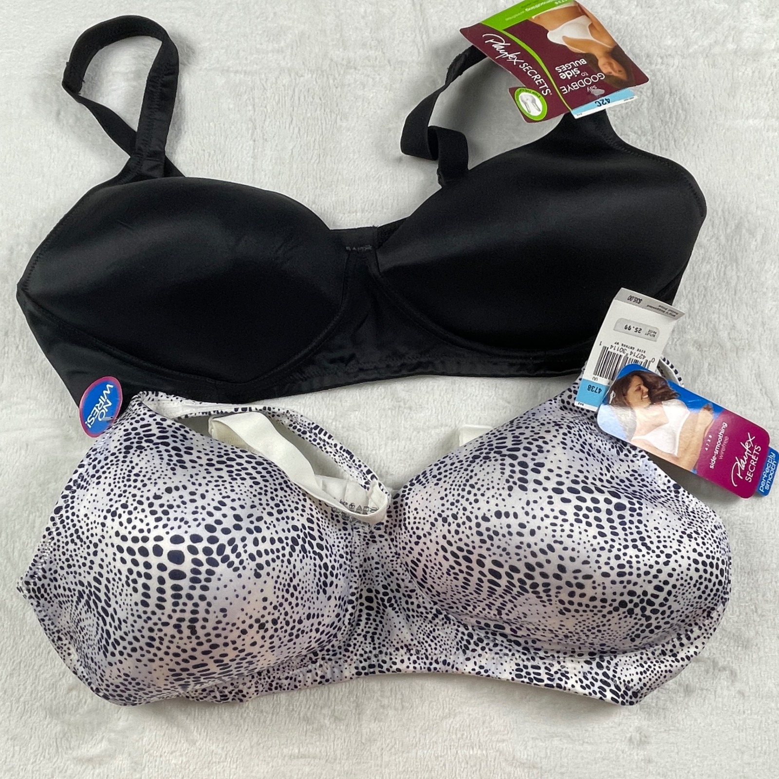 Playtex Secrets 4738 Perfectly Smooth Wirefree Bra 2 Pack Black Dot 42c New